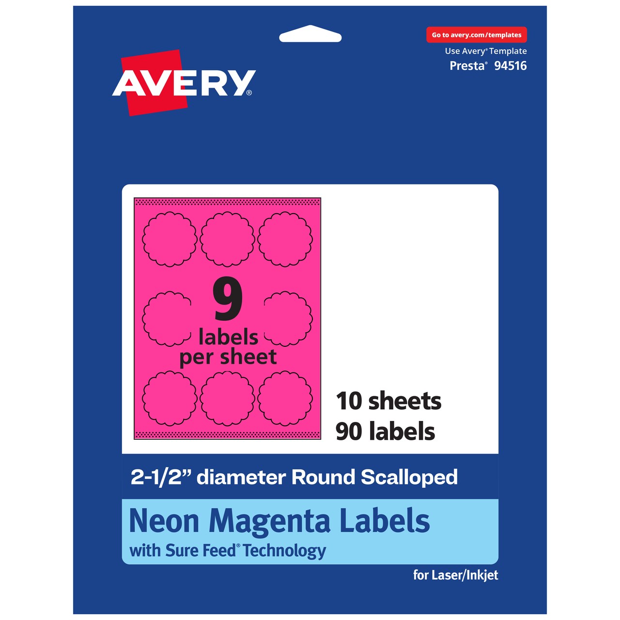 Avery Neon Magenta Paper Labels, 2.5" Diameter Round Scalloped